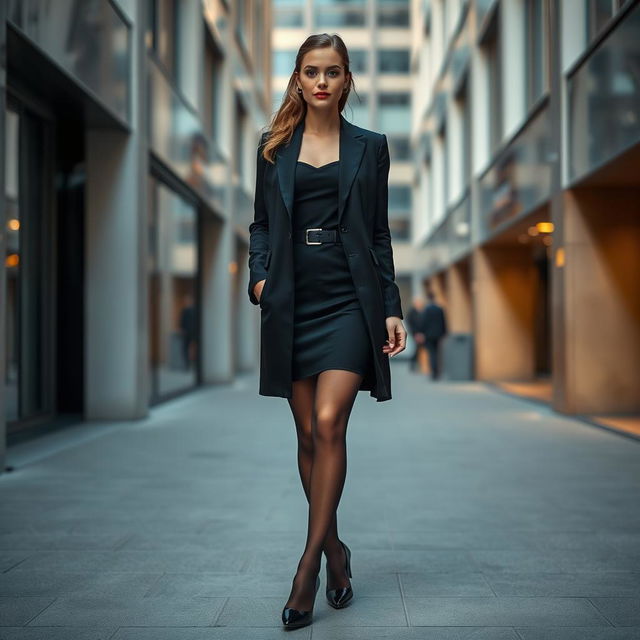 A stylish woman wearing pantyhose, standing confidently in a modern, urban setting