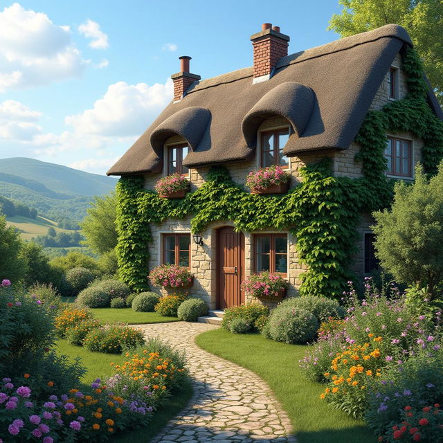 A picturesque two-story cottage with a thatched roof, ivy-covered stone walls, flower boxes, a lush garden, and a cobblestone path in a serene countryside setting