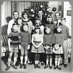 A black and white family photo from Christmas in 1967 featuring 17 people, including a central family with parents and children, grandparents, stepsiblings with their families, and one additional man