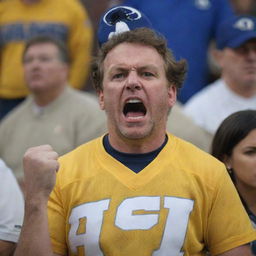 An ardent Rams fan, adorned in team colors, displaying clear signs of anger and frustration, possibly due to a disappointing game.