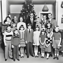 A black and white family photo from Christmas in 1967 featuring 17 people, including a central family with parents and children, grandparents, stepsiblings with their families, and one additional man