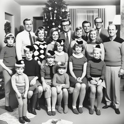 A black and white family photo from Christmas in 1967 featuring 17 people, including a central family with parents and children, grandparents, stepsiblings with their families, and one additional man