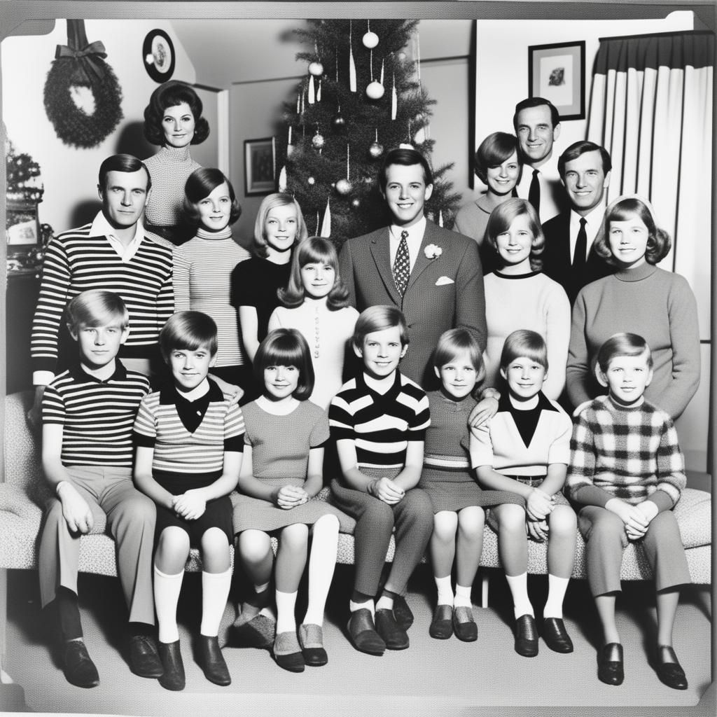 A black and white family photo from Christmas in 1967 featuring 17 people, including a central family with parents and children, grandparents, stepsiblings with their families, and one additional man