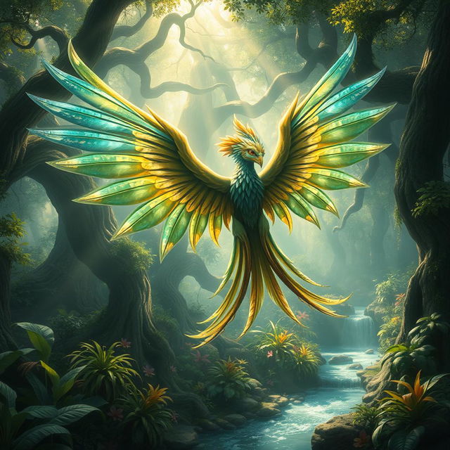 A fantasy creature known as 'Caraio de Asa,' which is a majestic bird-like being with large, colorful wings