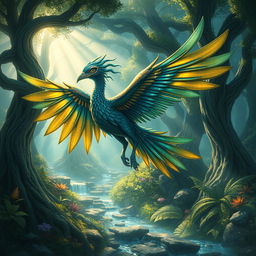 A fantasy creature known as 'Caraio de Asa,' which is a majestic bird-like being with large, colorful wings