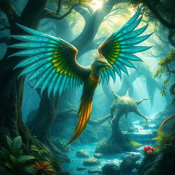 A fantasy creature known as 'Caraio de Asa,' which is a majestic bird-like being with large, colorful wings