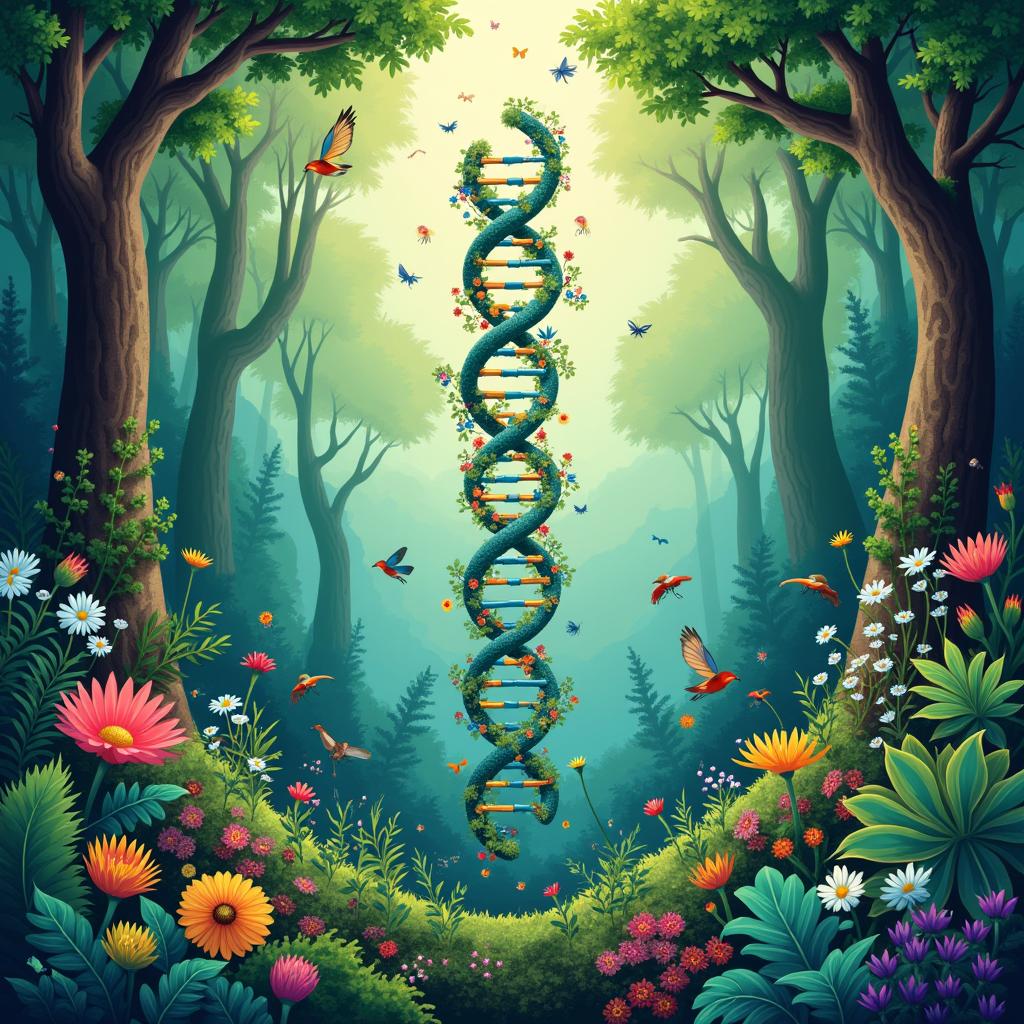 Create a vibrant and educational book cover for a biology textbook featuring a lush green forest, DNA helix, microscopic organisms, and the title 'Biology: The Study of Life' by Dr