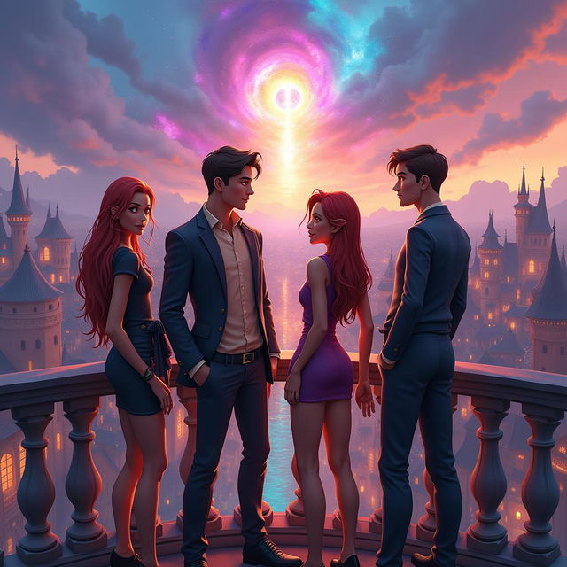 A 3D image of four friends (two men and two women) on a terrace overlooking the city of witches with a colorful portal in the horizon