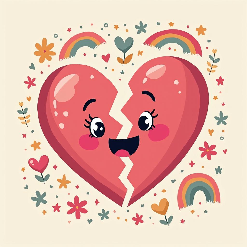 A vibrant and whimsical illustration of a broken heart with a cheerful expression, surrounded by colorful elements like stars, rainbows, and flowers, creating a happy and uplifting atmosphere