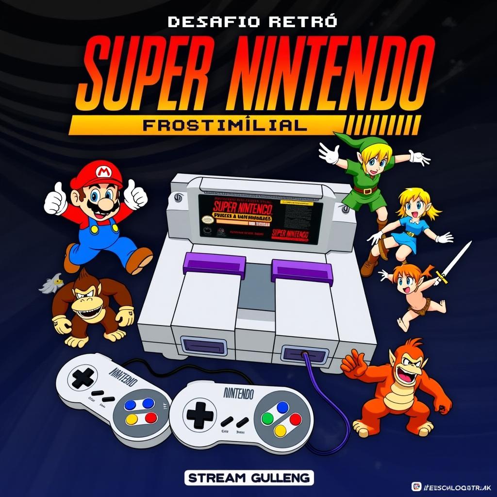 Create a vibrant YouTube live stream thumbnail for 'Desafio Retrô: 100 Jogos de Super Nintendo Até o Fim do Ano!' featuring the SNES console, classic controllers, Mario, Link, Donkey Kong, a dark gradient background, bold colorful title text '100 Jogos de SNES,' and a '0/100' progress bar with dynamic lighting effects