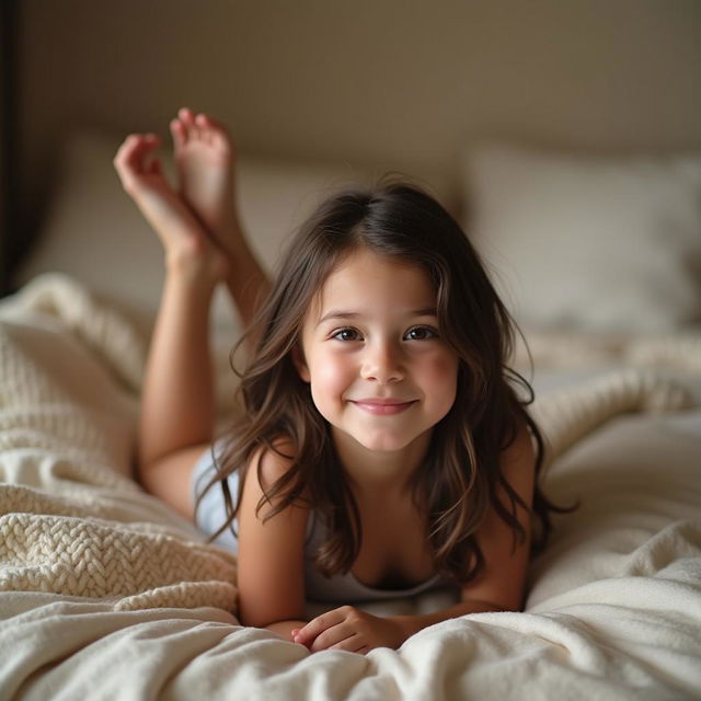 A serene girl lying on a cozy bed with a beautiful face, soft legs, and above-average breasts in a comfortable setting.