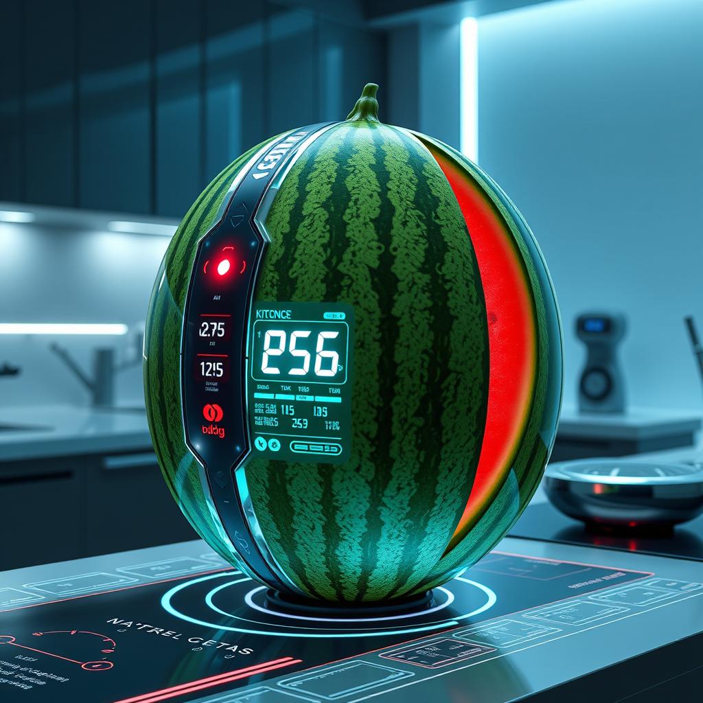 A futuristic watermelon that has been genetically modified to have a sleek, metallic outer shell with a digital display showing its ripeness and nutritional information