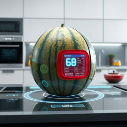 A futuristic watermelon that has been genetically modified to have a sleek, metallic outer shell with a digital display showing its ripeness and nutritional information