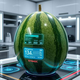 A futuristic watermelon that has been genetically modified to have a sleek, metallic outer shell with a digital display showing its ripeness and nutritional information