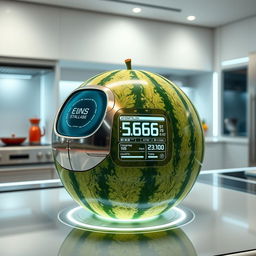 A futuristic watermelon that has been genetically modified to have a sleek, metallic outer shell with a digital display showing its ripeness and nutritional information