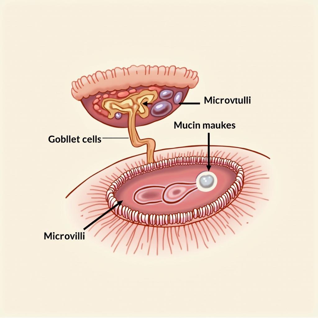 Create a detailed and scientifically accurate illustration of goblet cells within the epithelial lining of the small intestine, highlighting their unique shape, mucin granules, and mucus secretion