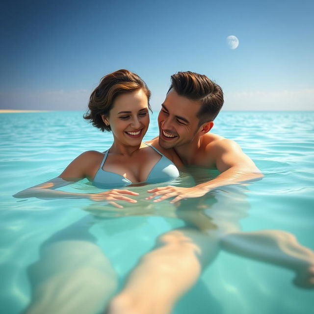 Create an image of a sexy woman with short brown hair, aged 38, and a 42DD bust size, swimming with a 20-year-old man in a turquoise-colored lake