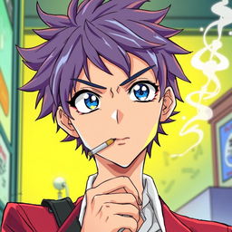 Create a detailed and vibrant drawing of a character from an anime series smoking a cigarette