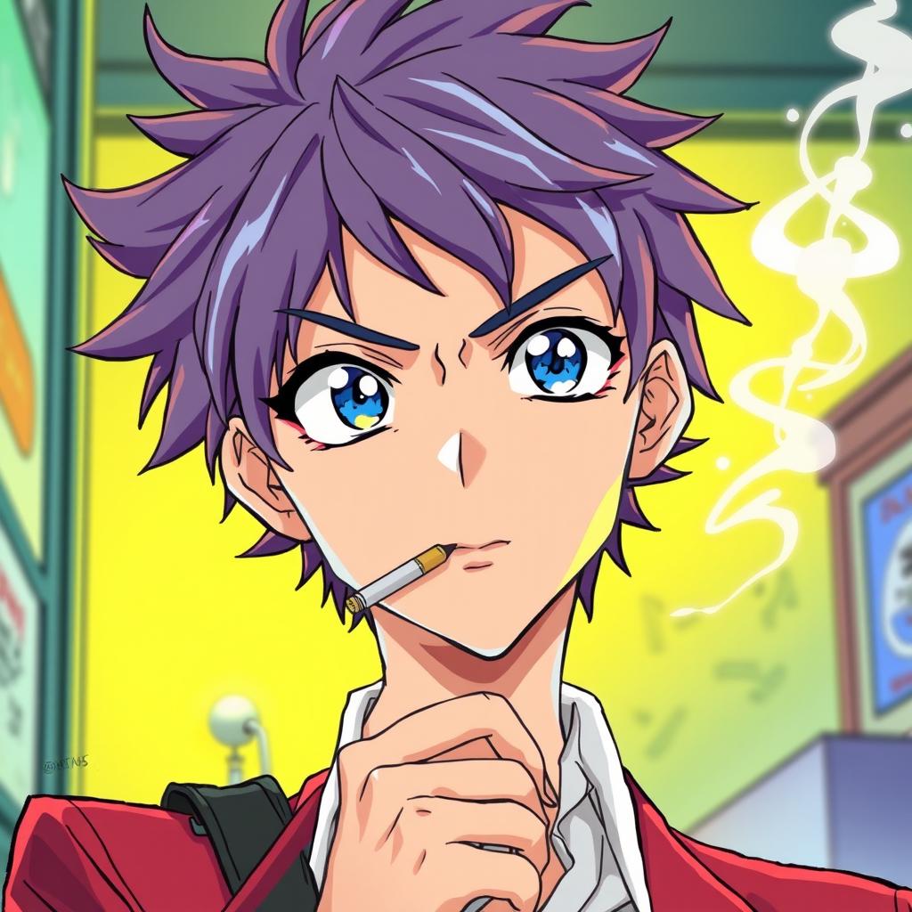 Create a detailed and vibrant drawing of a character from an anime series smoking a cigarette