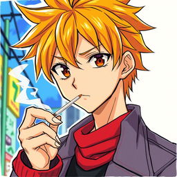 Create a detailed and vibrant drawing of a character from an anime series smoking a cigarette