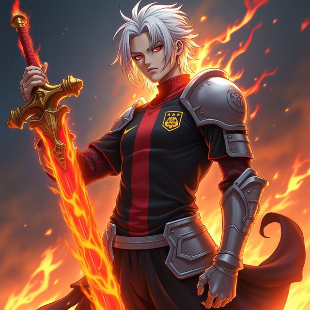 An anime-style Bleach Arrancar Espada character with white hair, red eyes, fire-themed knight armor, a flaming greatsword, and a Flamengo soccer team shirt in a dramatic fiery setting