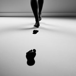 A series of black shadowy footprints walking towards a wall