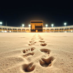 A serene image depicting footprints leading towards the Kaaba