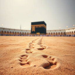 A serene image depicting footprints leading towards the Kaaba