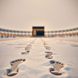 A serene image depicting footprints leading towards the Kaaba