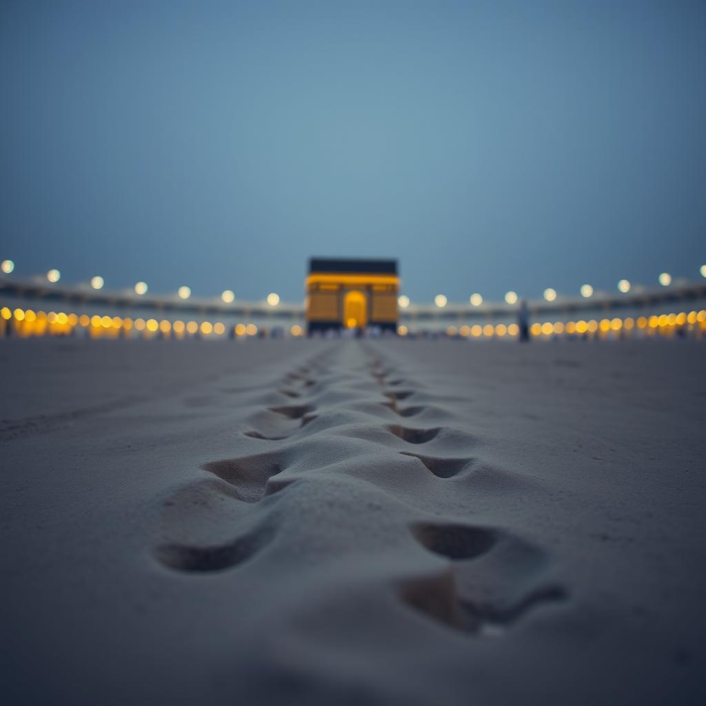 A serene image depicting footprints leading towards the Kaaba