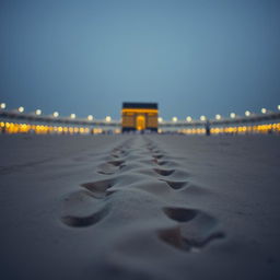 A serene image depicting footprints leading towards the Kaaba