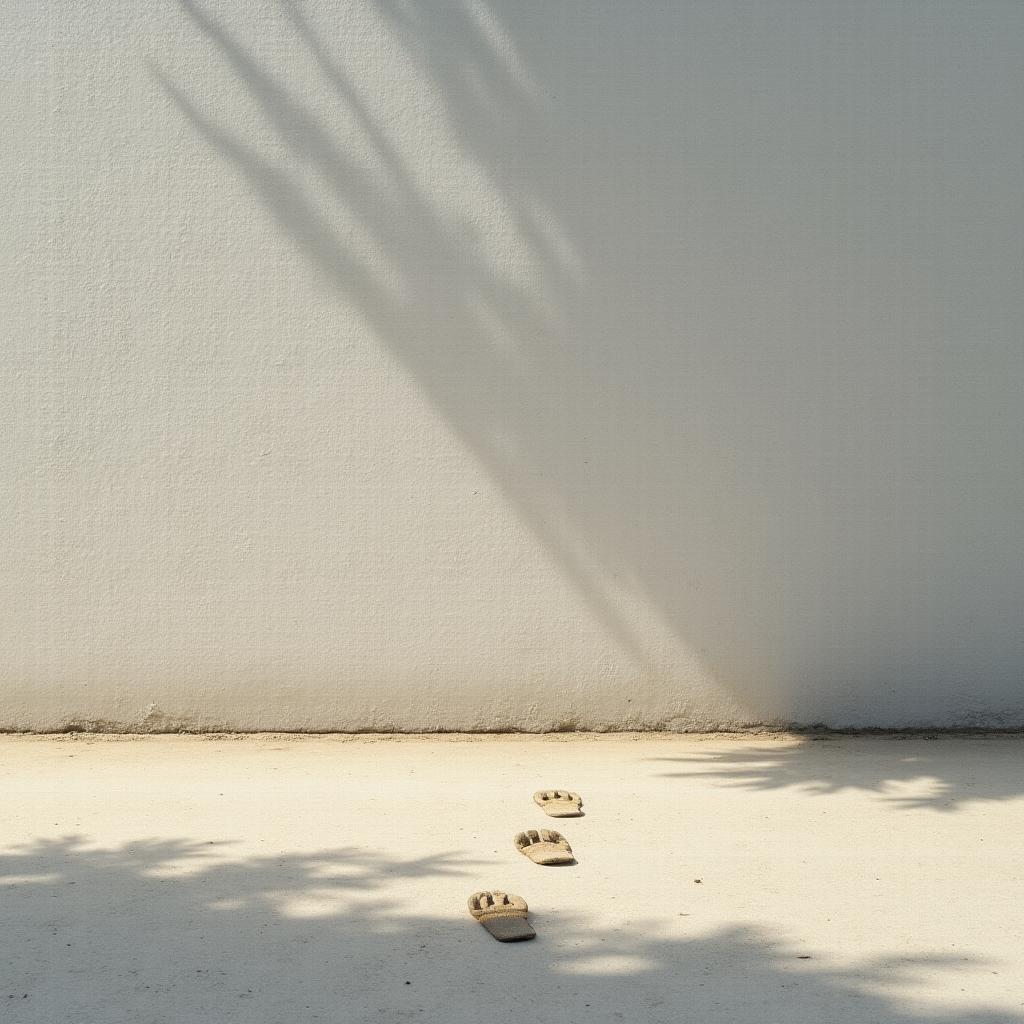 A photograph of a plain wall with footprints leading up to it and stopping in front of it, creating a calm and slightly mysterious atmosphere