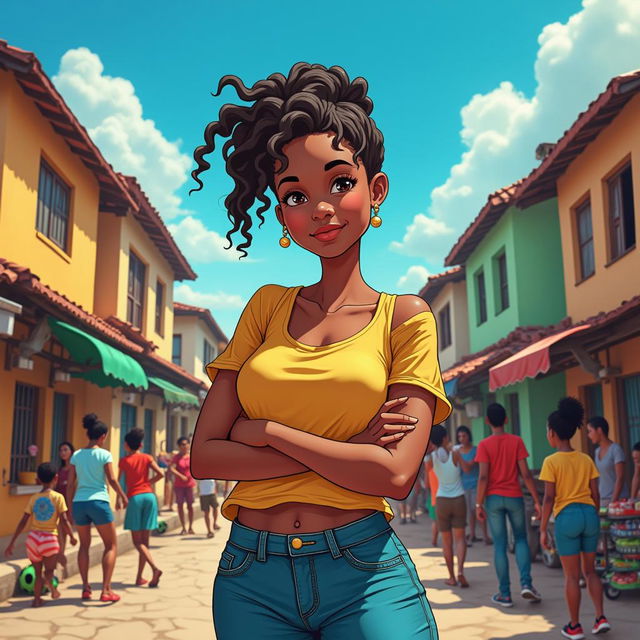 A strong and confident woman from a Brazilian favela, standing proudly with colorful houses and bustling activity in the background, capturing the community's resilience and hope