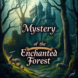 Create a captivating book cover featuring an enchanted forest with mystical creatures and a hidden ancient castle in the background