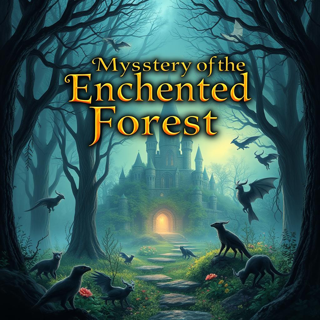 Create a captivating book cover featuring an enchanted forest with mystical creatures and a hidden ancient castle in the background