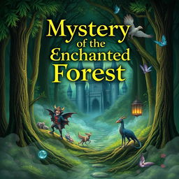 Create a captivating book cover featuring an enchanted forest with mystical creatures and a hidden ancient castle in the background