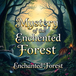 Create a captivating book cover featuring an enchanted forest with mystical creatures and a hidden ancient castle in the background