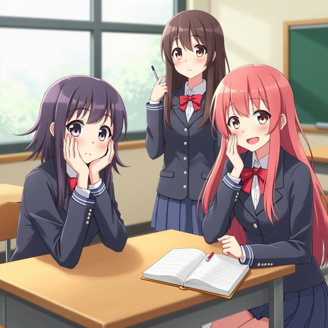 An image inspired by Doki Doki Literature Club featuring Sayori, Natsuki, Yuri, and Monika in a high school classroom setting, reflecting their personalities and relationships