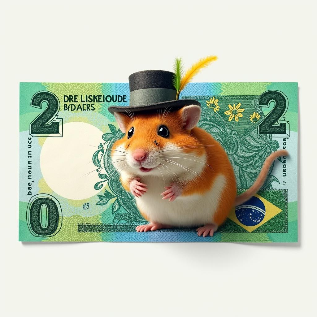 A Brazilian two reais banknote featuring a whimsical hamster wearing a stylish top hat, with traditional colors and intricate patterns