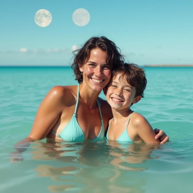 A sexy 38-year-old woman with short brown hair and a 42DD size, in a light blue bikini, swimming with a 20-year-old boy in a turquoise lake