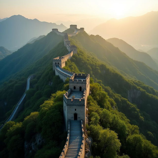 Aerial view of the Great Wall of China, showcasing its winding structure over the hills and mountains with a golden hue from the sun, surrounded by lush green landscape and distant mist