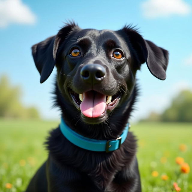 A completely black mixed-breed dog with drooping ears, brown eyes, and a blue collar, sitting on a grassy lawn on a sunny day