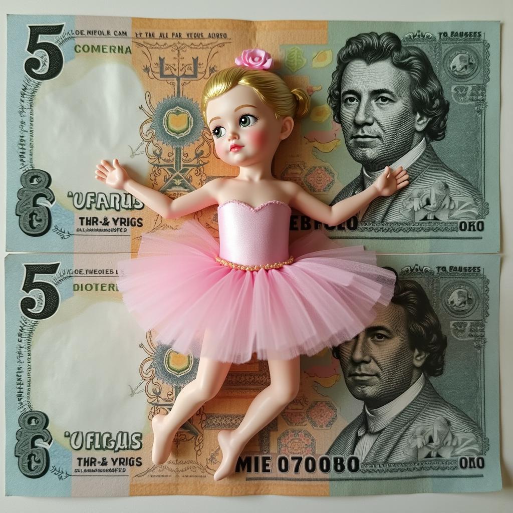 Uma nota de 5 reais com um unicórnio vestido de bailarina, incluindo detalhes mágicos como crina arco-íris, tutu rosa e elementos florais e estrelados