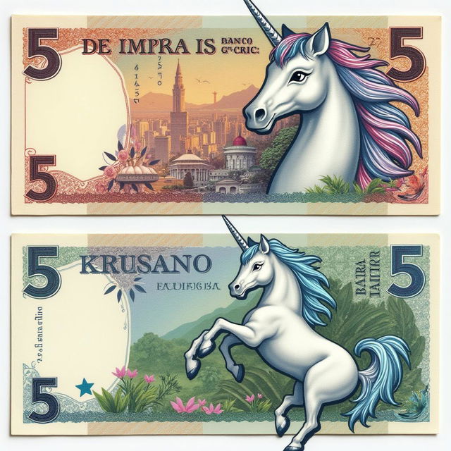 A Brazilian 5 reais banknote featuring a majestic unicorn, integrating traditional Brazilian currency elements with a whimsical fantasy theme