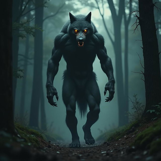 A cinematic-style image of a humanoid with a wolf's head, a strong body, angry expression, and bright yellow eyes, emerging from an ancient forest