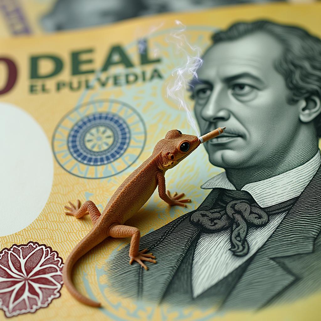 A 10 Brazilian reais banknote featuring a small gecko smoking a tiny cigarette, seamlessly integrated into the original design