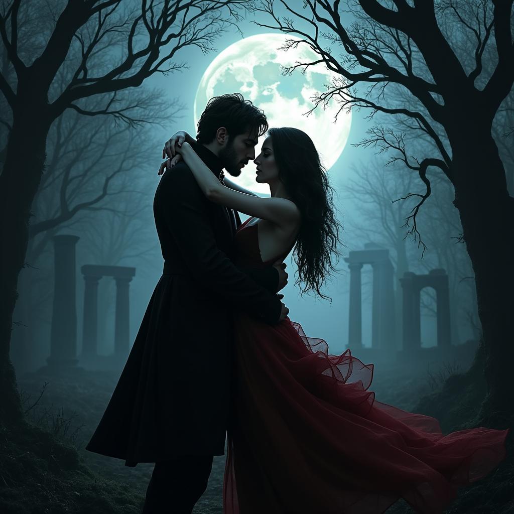 A dark romance scene in a moonlit forest featuring a mysterious man and an ethereal woman in a passionate embrace, surrounded by shadows, twisted branches, and ancient ruins