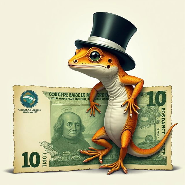 A 10 real Brazilian banknote featuring a whimsical gecko wearing a top hat, blending realistic currency elements with a playful twist