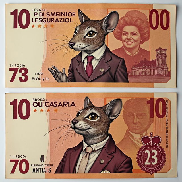 Uma nota de 10 reais brasileira com uma lagartixa vestida como presidente, incluindo elementos tradicionais da nota e detalhes adicionais relacionados a lagartixas
