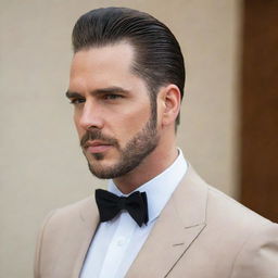 A larger sized man proudly displaying a well-groomed slicked back hairstyle.